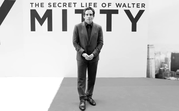HD desktop wallpaper: black-and-white movie poster for The Secret Life of Walter Mitty showing a suited man standing centered in front of the film title text.