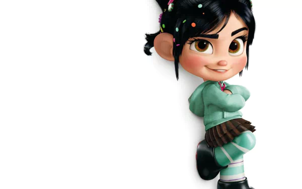 Vanellope von Schweetz from the movie Wreck-It Ralph stands confidently with a playful expression, depicted in vibrant detail against a clean background in this 4K Ultra HD wallpaper.