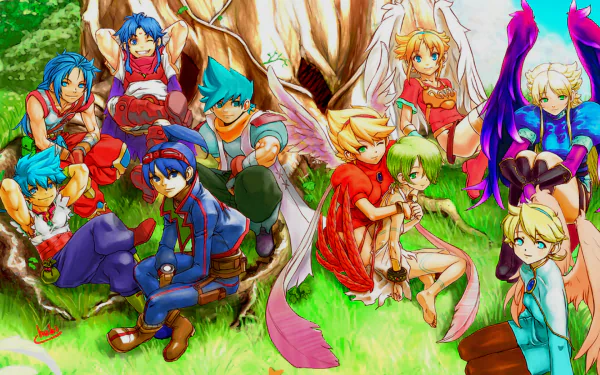 HD PC desktop wallpaper featuring vibrant characters from the video game Breath of Fire gathered together in a colorful, fantasy-themed setting.