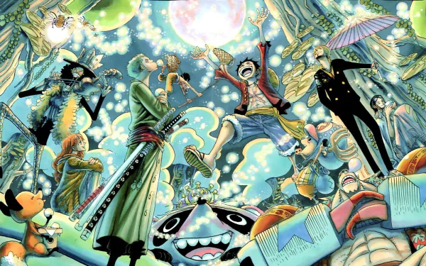 HD wallpaper featuring One Piece characters Monkey D. Luffy, Tony Tony Chopper, Roronoa Zoro, Nico Robin, Franky, Sanji, and Nami in a vibrant, fantastical setting.