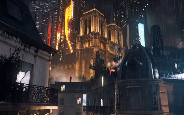HD PC desktop wallpaper/background from the video game Remember Me: rainy, neon-lit futuristic cityscape with a glowing cathedral towering over shadowed rooftops.