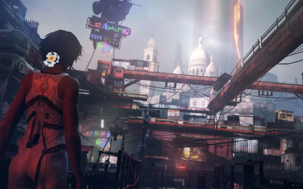 HD PC desktop wallpaper featuring Nilin from the video game Remember Me, showcasing a futuristic cityscape with neon signs and industrial bridges.
