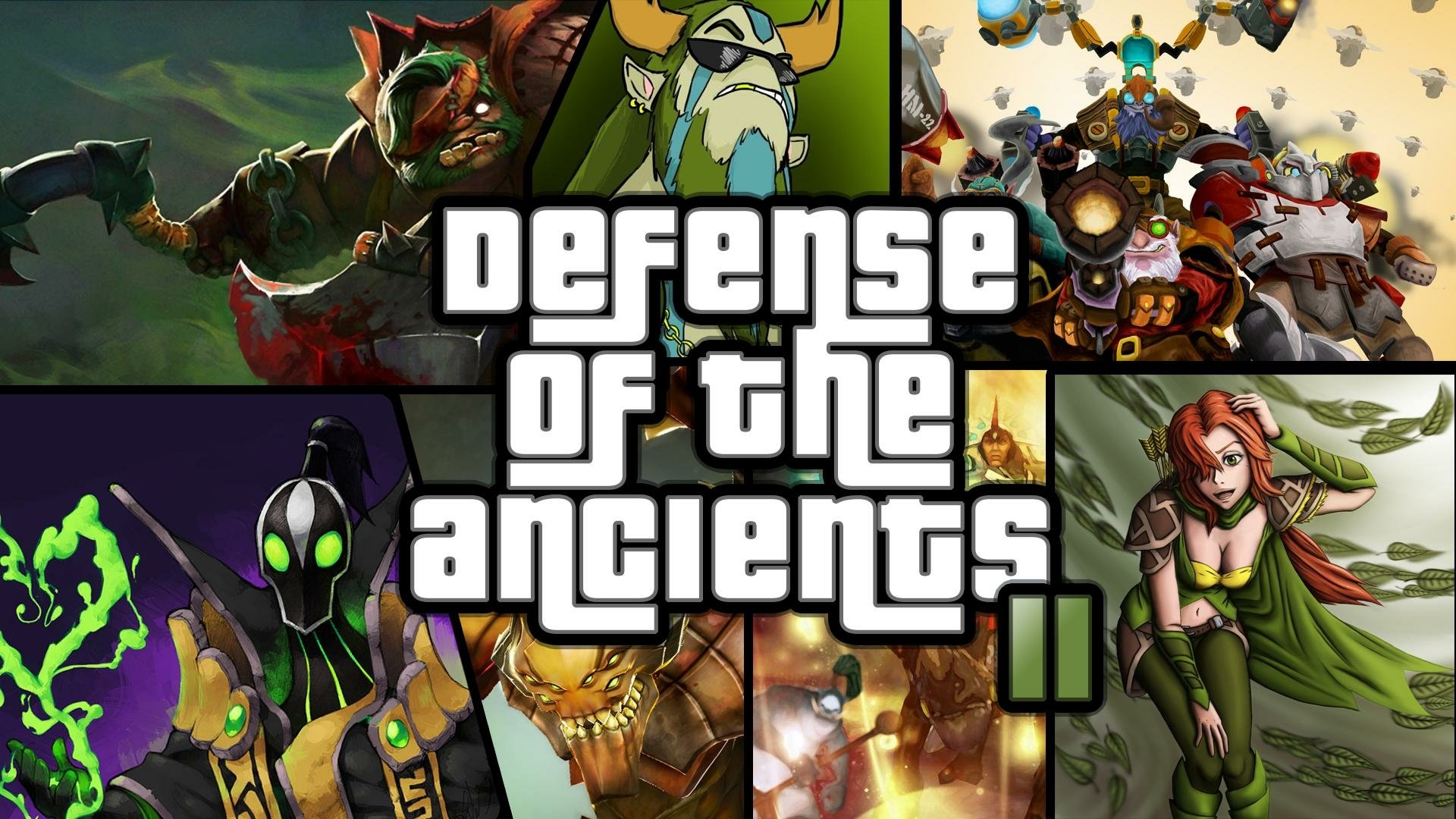 HD wallpaper featuring characters from the video game DotA 2, with Defense of the Ancients II prominently displayed in bold text.
