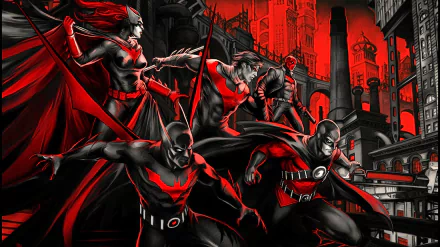 HD PC desktop wallpaper featuring characters from the TV show Batman Beyond in a dynamic, red and black futuristic cityscape.
