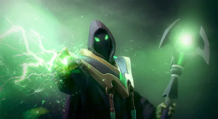 HD desktop wallpaper of a mysterious hooded figure from DotA 2 holding a glowing staff, surrounded by green magical energy.