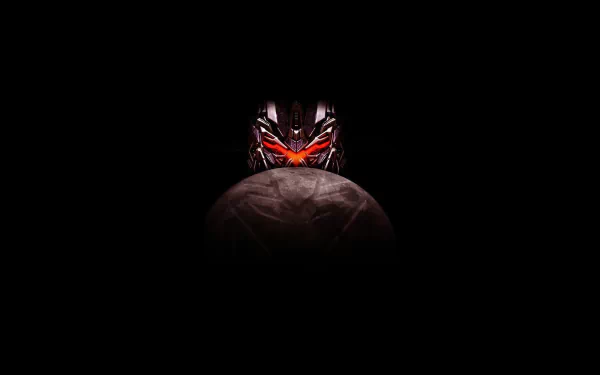 A dark-themed HD PC desktop wallpaper featuring a menacing Transformer from the movie Transformers: Dark of the Moon, with glowing red eyes emerging from shadows.