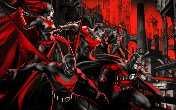 HD PC desktop wallpaper featuring characters from the TV show Batman Beyond in a dynamic, red and black futuristic cityscape.
