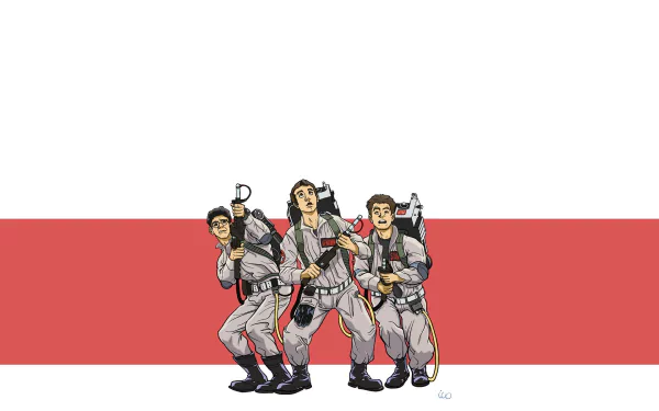 HD desktop wallpaper featuring an illustrated trio from Ghostbusters, with one character evoking Bill Murray's likeness, against a red and white background.