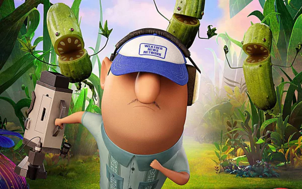 HD desktop wallpaper from the movie Cloudy with a Chance of Meatballs 2, featuring a character wearing a cap and holding a futuristic device in a lush jungle setting.