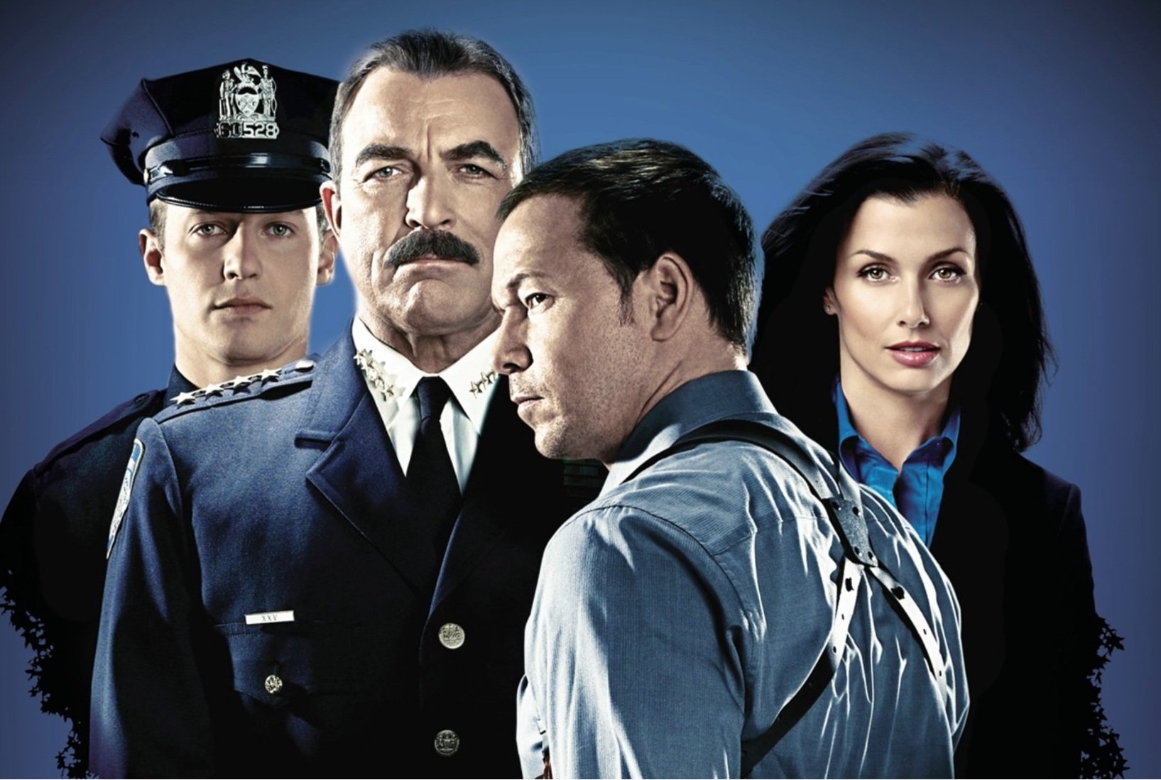 HD PC desktop wallpaper for the TV show Blue Bloods: four stern law-enforcement characters in uniform posed against a gradient blue background.