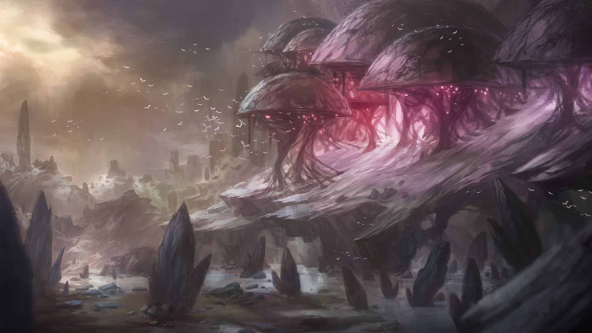 HD PC desktop wallpaper featuring a detailed fantasy landscape with towering mushroom-like structures and a dramatic, otherworldly atmosphere.
