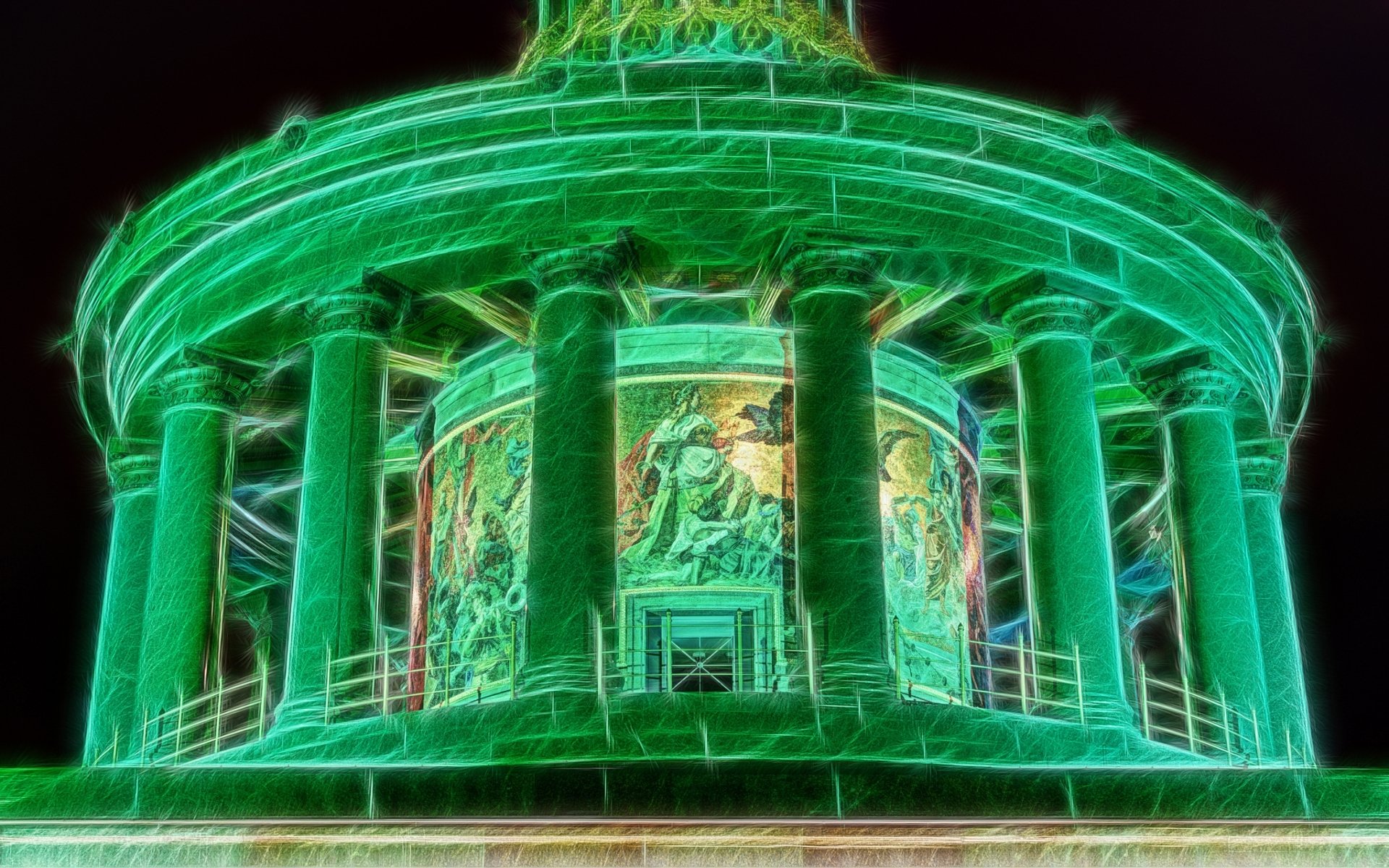 Artistic HD PC desktop wallpaper and background: neon-green illuminated rotunda with columns and painted murals during Festival of Lights — Berlin.