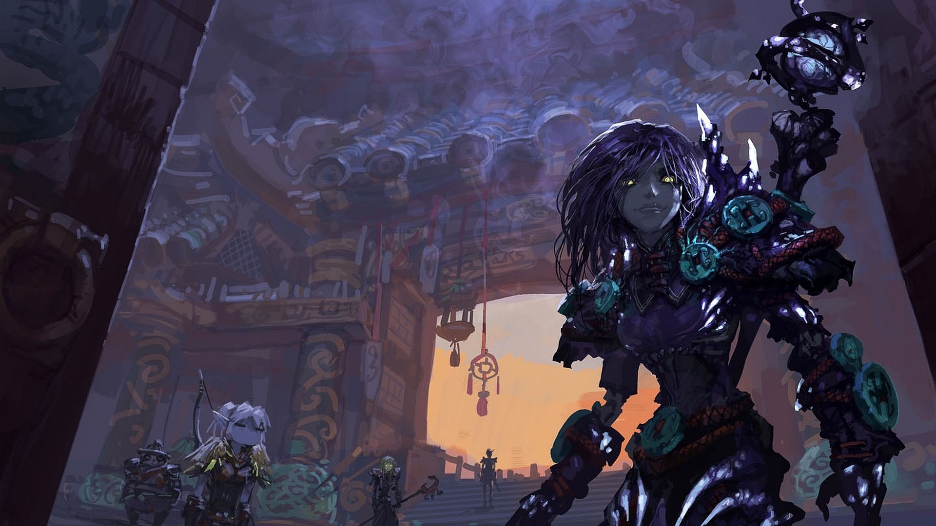 A detailed HD wallpaper depicting characters from World of Warcraft, featuring a dark, atmospheric scene with a powerful figure in ornate armor, set against a mystical backdrop.