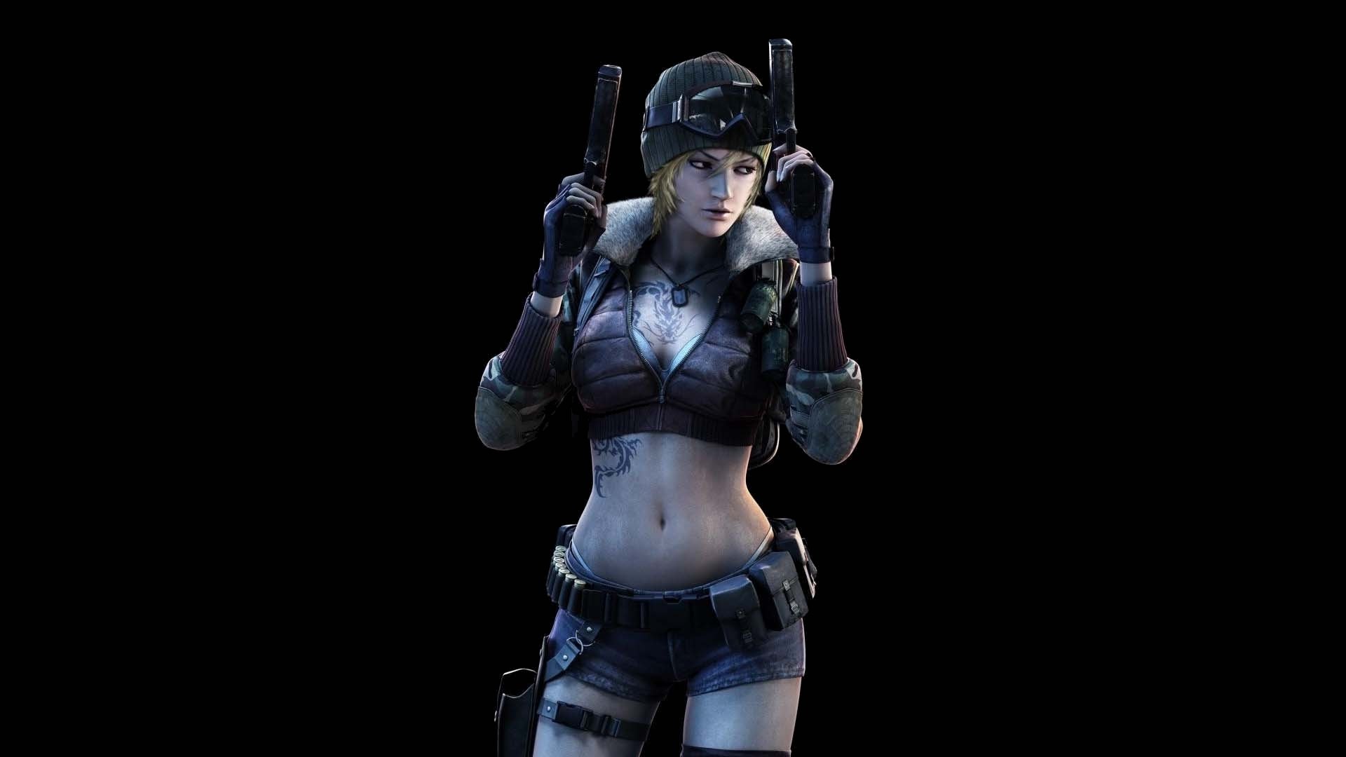 HD PC desktop wallpaper featuring a female character from the video game Point Blank holding dual pistols against a black background.