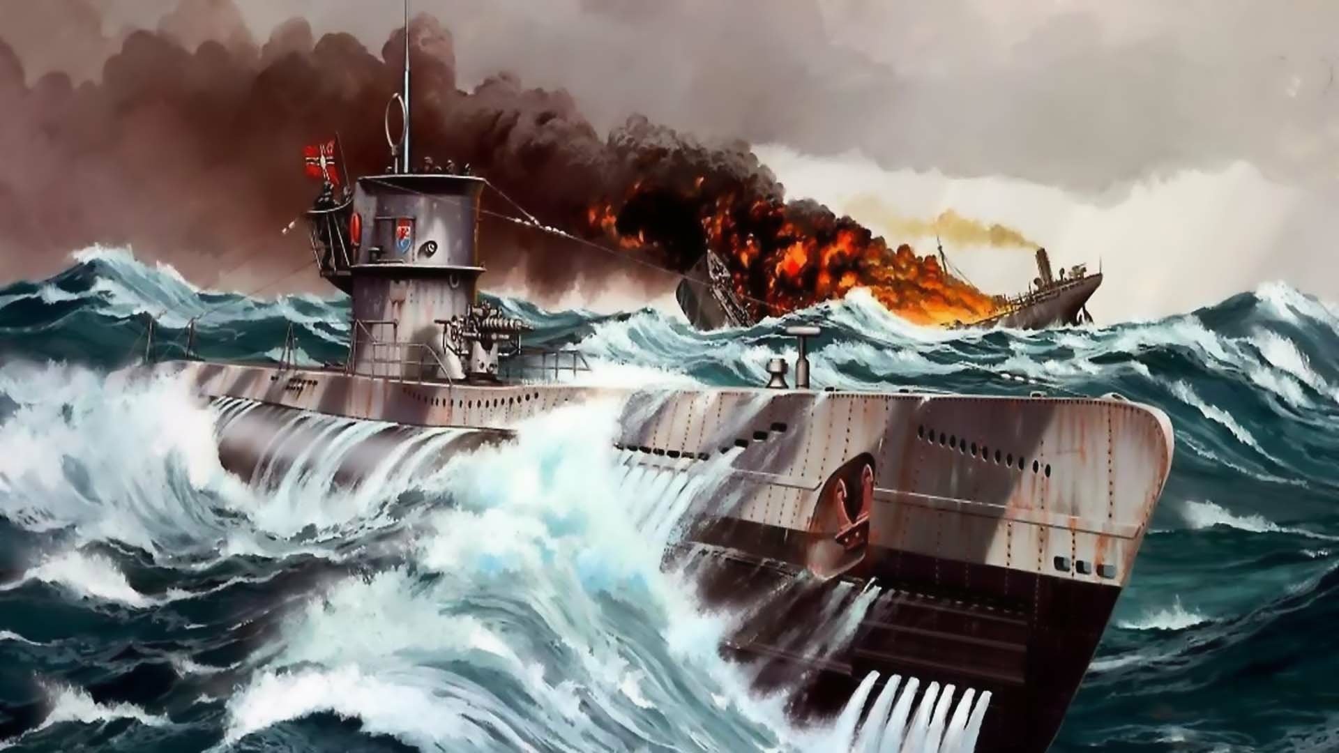 HD desktop wallpaper depicting a military submarine navigating rough seas with a burning ship in the background amid intense naval combat.
