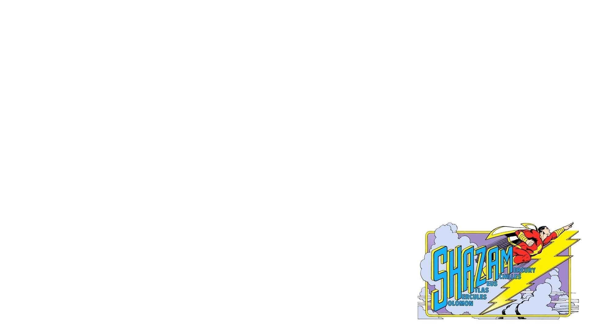 HD desktop wallpaper featuring Shazam from DC Comics. The comic-style image shows Shazam! logo with a lightning bolt on the bottom right corner.