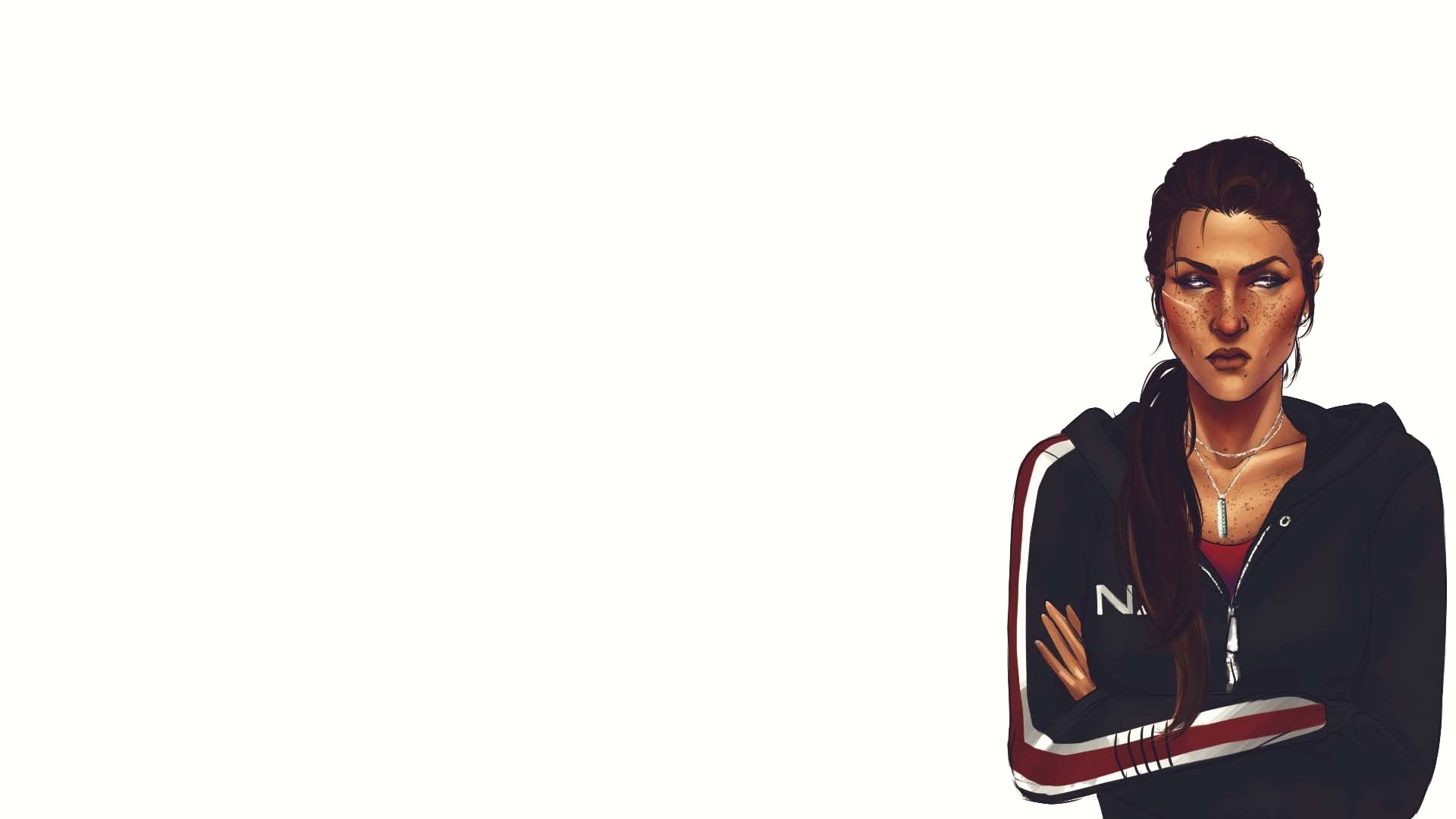HD PC desktop wallpaper featuring Commander Shepard from the Mass Effect video game series with arms crossed against a white background.