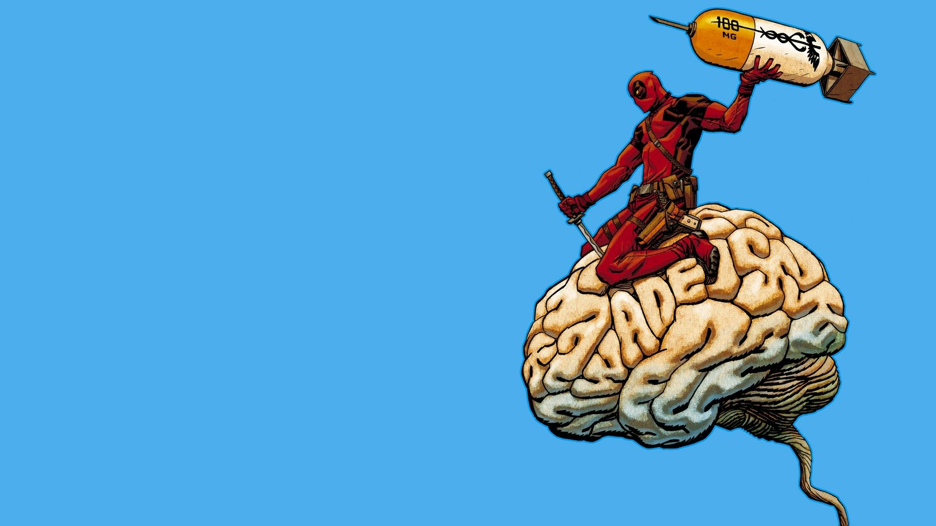 A colorful HD desktop wallpaper featuring Deadpool perched on a stylized brain, holding a large bomb. The bright blue background enhances the comic's playful energy.