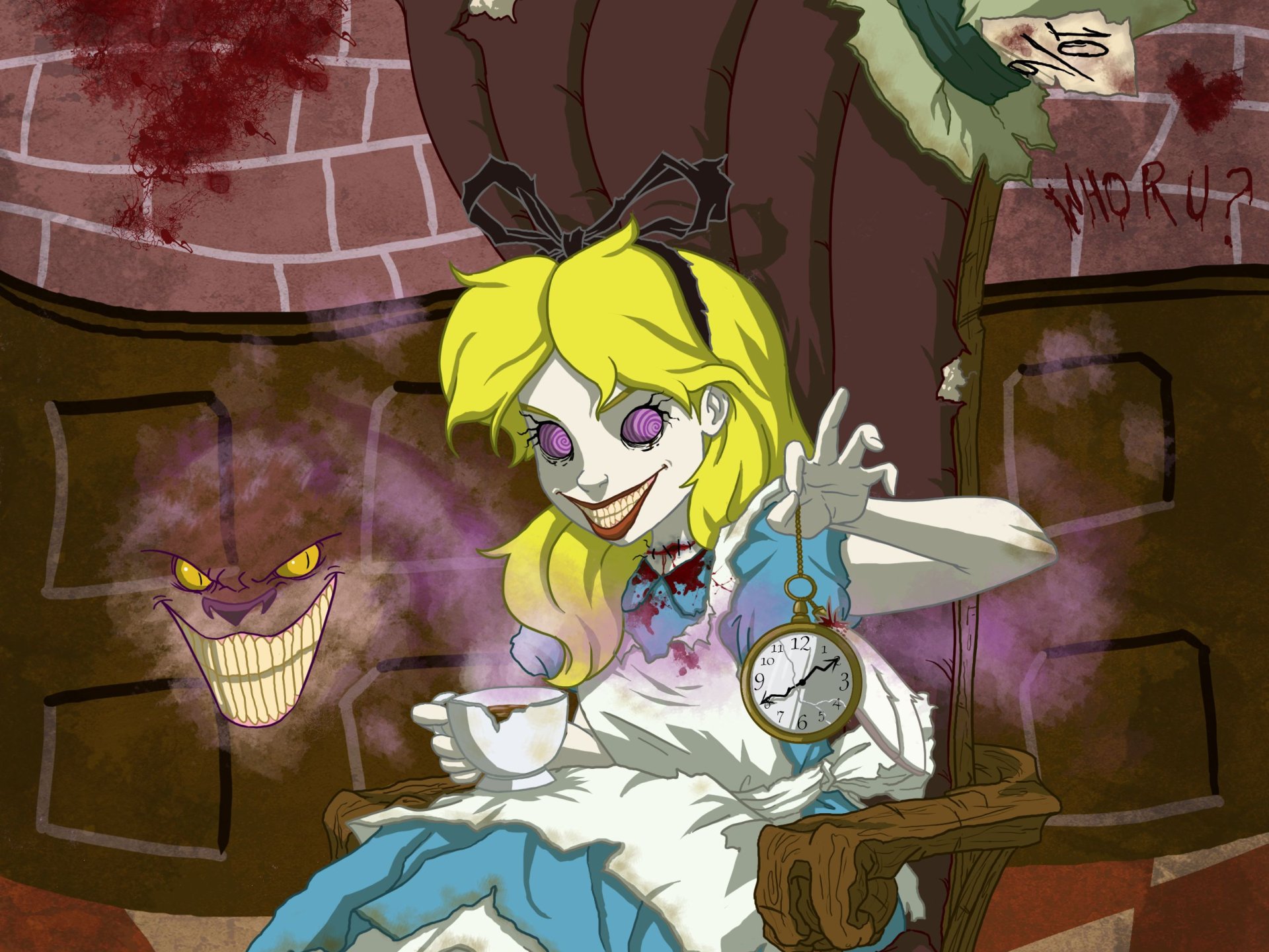 Fantasy Alice In Wonderland HD PC desktop wallpaper: twisted blonde Alice with a wide grin, holding a pocket watch and teacup, purple smoke and a sinister grinning Cheshire Cat.