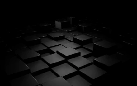 HD PC desktop wallpaper featuring an abstract arrangement of dark, matte black cubes creating a minimalist and modern geometric pattern.