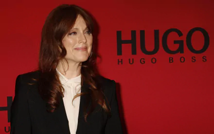 HD desktop wallpaper featuring British actress and celebrity Julianne Moore smiling against a red background with the Hugo Boss logo.