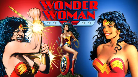 HD PC desktop wallpaper featuring comic-style Wonder Woman in dynamic and confident poses with vibrant colors and bold red and blue background.
