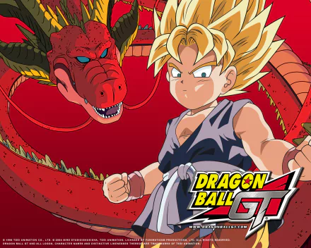 An HD desktop wallpaper featuring characters from Dragon Ball GT, showcasing a determined fighter alongside a fierce dragon against a vibrant red background.