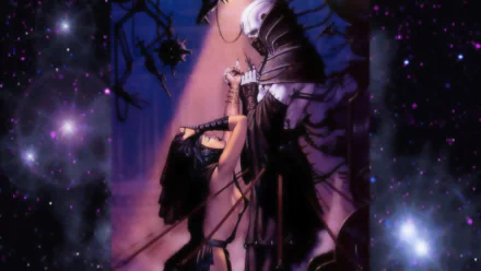 Dark Fantasy HD PC desktop wallpaper and background: a fantasy dark scene of a cloaked skeletal reaper lifting a chained woman beneath moonlight, star-speckled sky and twisted shadowed branches.