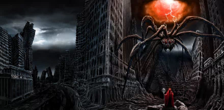 HD PC desktop wallpaper from the comic Romantically Apocalyptic depicting a fiery sky, ruined cityscape, and a giant spider confronting a cloaked figure.