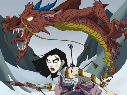 A dynamic HD desktop wallpaper featuring Mulan, an animated warrior, facing a fierce dragon amid a dramatic backdrop, inspired by the 1998 movie Mulan.