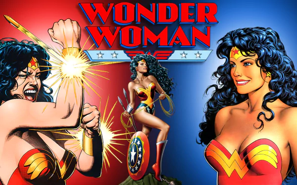HD PC desktop wallpaper featuring comic-style Wonder Woman in dynamic and confident poses with vibrant colors and bold red and blue background.