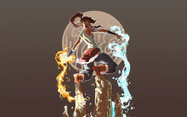 Korra from The Legend of Korra striking a dynamic pose, wielding fire and water. This HD wallpaper showcases her elemental mastery against a stylized backdrop.