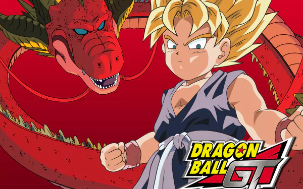 An HD desktop wallpaper featuring characters from Dragon Ball GT, showcasing a determined fighter alongside a fierce dragon against a vibrant red background.
