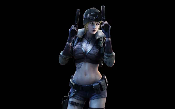 HD PC desktop wallpaper featuring a female character from the video game Point Blank holding dual pistols against a black background.
