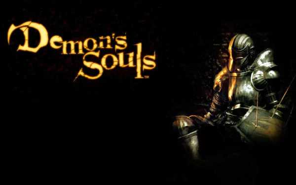 Demon's Souls video game HD PC desktop wallpaper: glowing gold logo left, battered seated knight in dark armor holding a sword against a smoky black background.