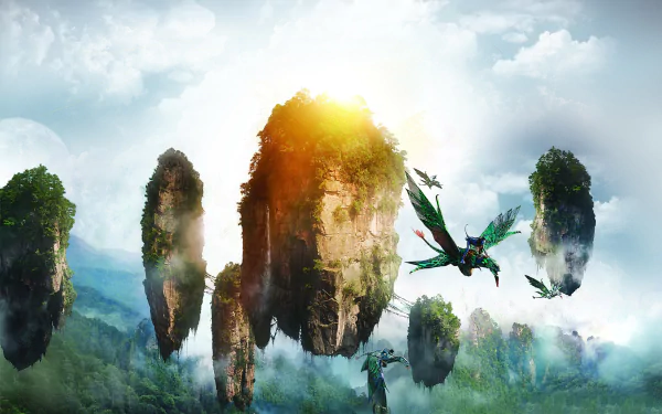 A vibrant HD desktop wallpaper featuring breathtaking floating islands and colorful birds, inspired by the world of the movie Avatar, set against a bright, ethereal sky.