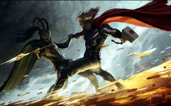 HD PC desktop wallpaper featuring Loki and Thor in an intense battle scene from the Marvel movie Thor: The Dark World.