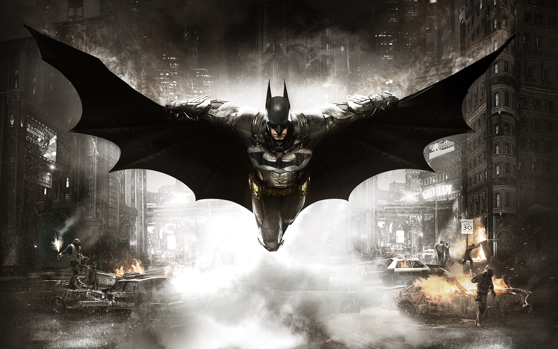 HD wallpaper featuring Batman soaring over a foggy Gotham City from the video game Batman: Arkham Knight.