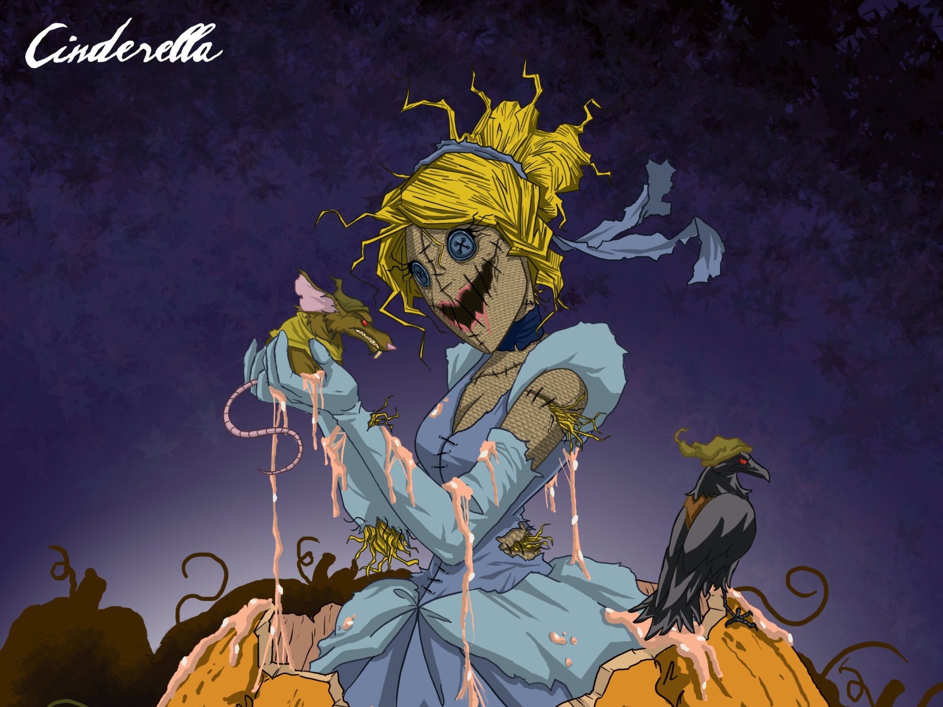 HD PC desktop wallpaper featuring a dark, twisted version of Cinderella from the 1950 movie, with eerie details and a haunting color palette.