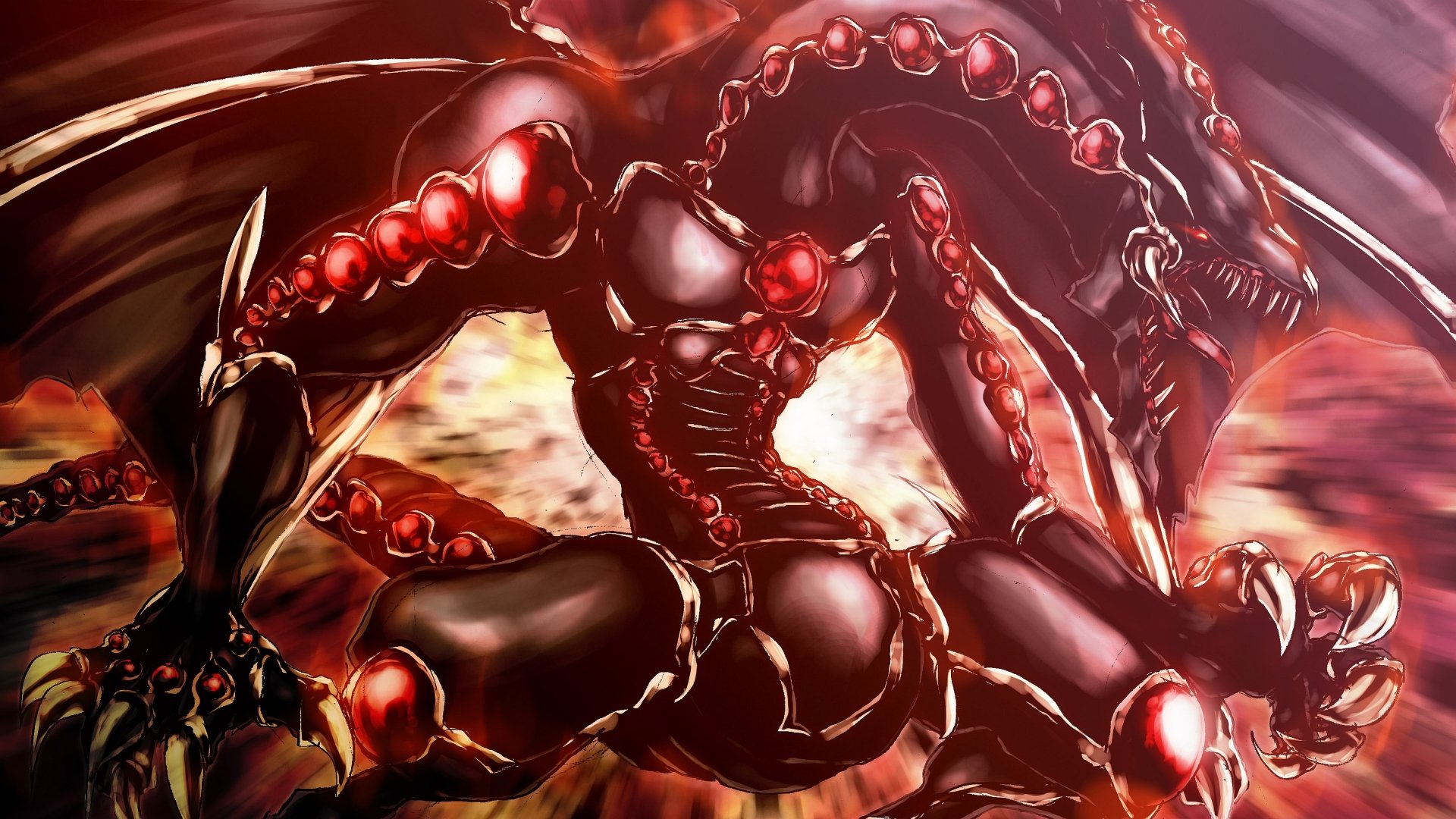 HD PC desktop wallpaper featuring a dark, armored creature with red orbs, inspired by the anime Yu-Gi-Oh! series.
