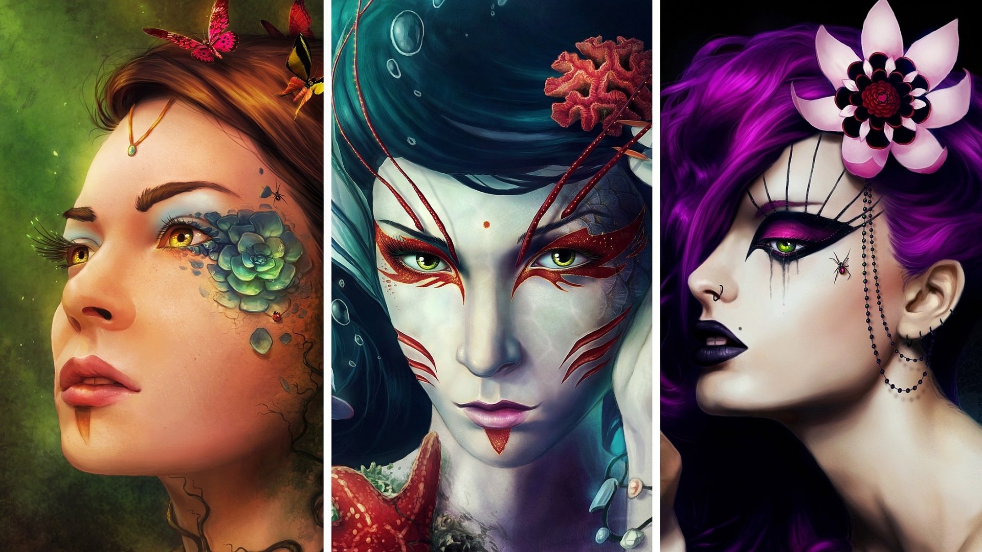HD fantasy desktop wallpaper featuring three women with intricate, otherworldly makeup and vibrant colors, blending mystical and surreal elements in stunning detail.