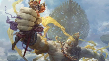 HD PC desktop wallpaper and background: a towering fantasy creature clutching a tiny armored warrior, wrapped in flowing banners before a spiked celestial ring.