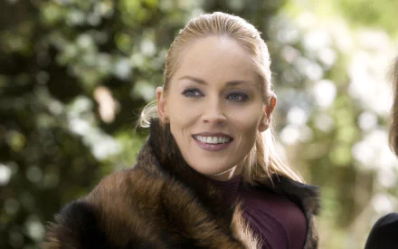 HD desktop wallpaper featuring American actress and celebrity Sharon Stone smiling outdoors with a blurred natural background.