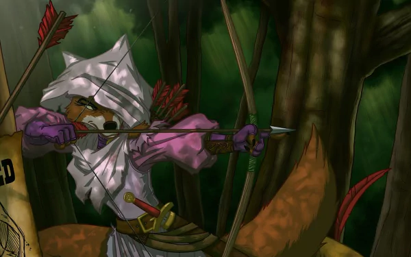 HD desktop wallpaper featuring the fox from the 1973 animated movie Robin Hood, dressed as an archer in a dense forest setting.