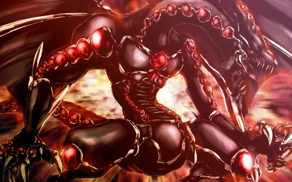 HD PC desktop wallpaper featuring a dark, armored creature with red orbs, inspired by the anime Yu-Gi-Oh! series.