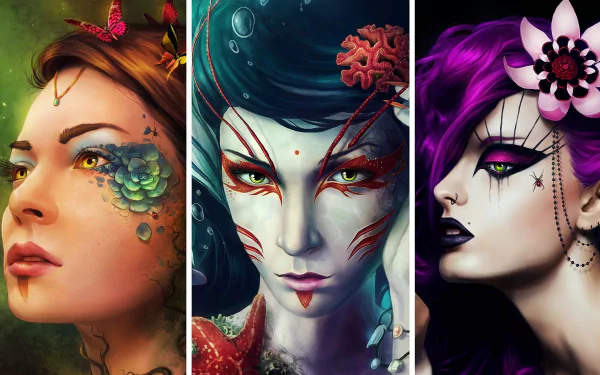 HD fantasy desktop wallpaper featuring three women with intricate, otherworldly makeup and vibrant colors, blending mystical and surreal elements in stunning detail.
