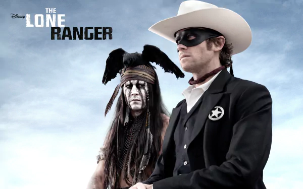 A stylized HD wallpaper featuring John Reid and Tonto from Disney's *The Lone Ranger*, showcasing Armie Hammer and Johnny Depp in their iconic roles.