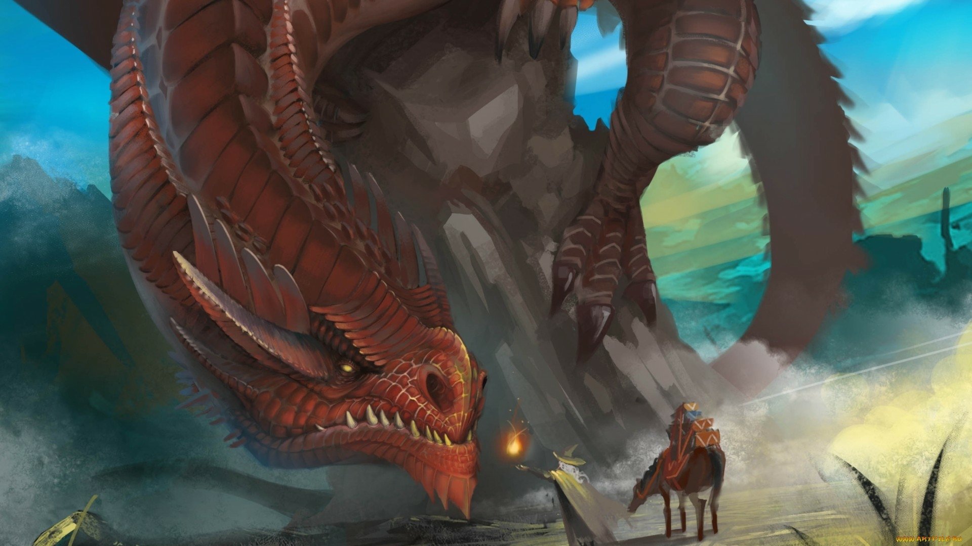 A detailed fantasy HD desktop wallpaper featuring a massive red dragon towering over a fiery warrior on horseback in a misty, mountainous landscape.