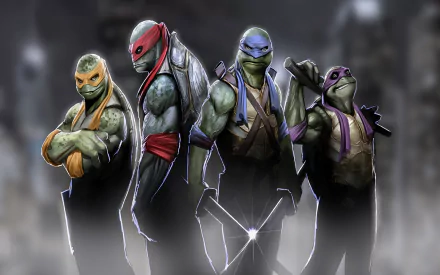 HD desktop wallpaper of the Teenage Mutant Ninja Turtles, featuring Raphael, Donatello, Leonardo, and Michelangelo. The background evokes a TV show theme, spotlighting the four iconic characters.