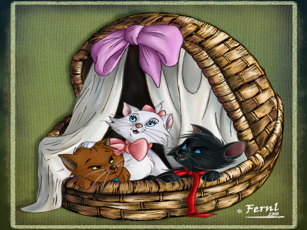 HD desktop wallpaper from the movie The Aristocats featuring three animated kittens resting in a woven basket with a pink bow and cloth draped over the edge.